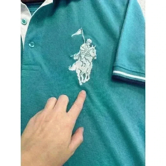 Men’s Polo Franky Max Shirt Big Pony Number 9 Size XL Teal White Ringer Collared - Picture 3 of 12